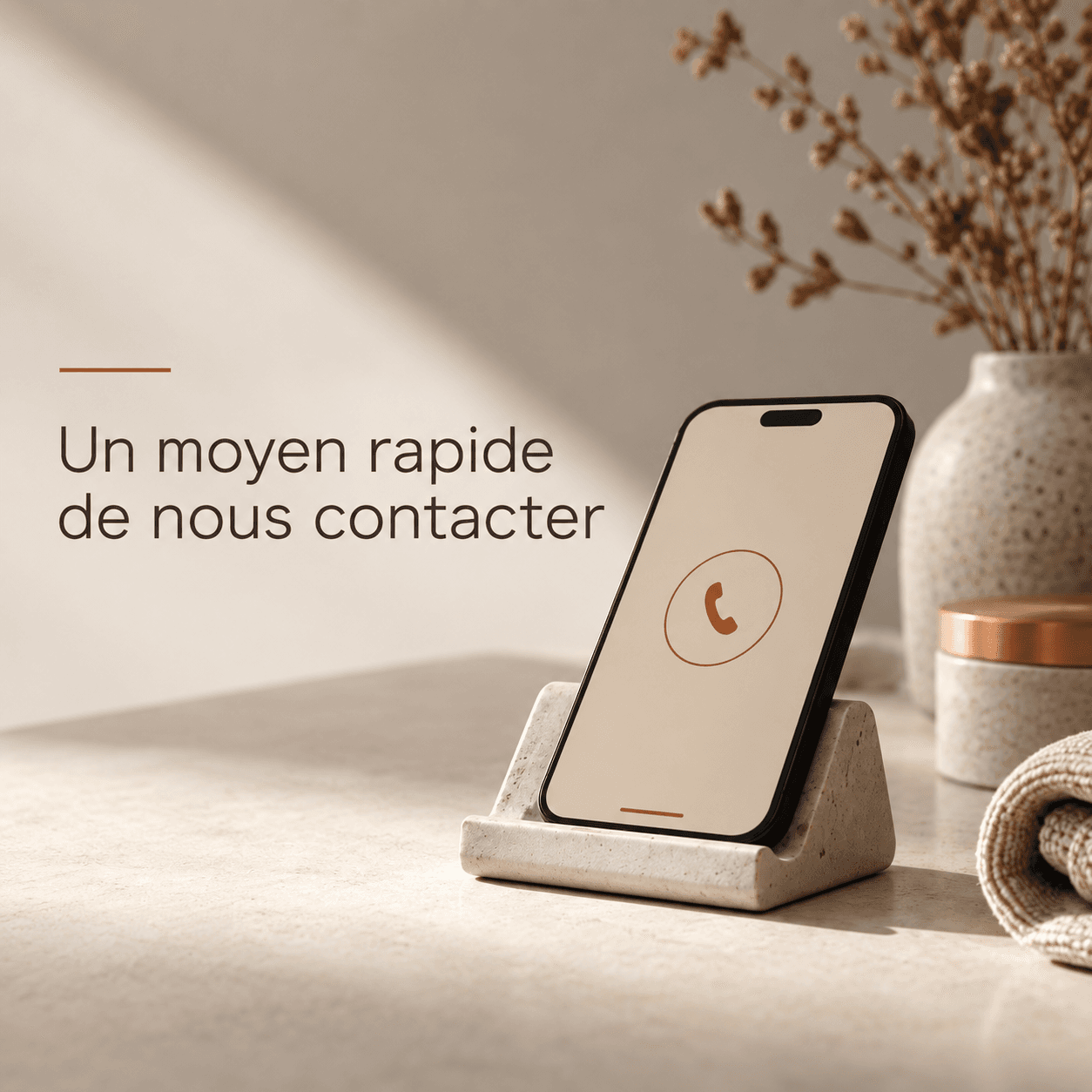 Téléphone posé sur un support, prêt à recevoir votre appel