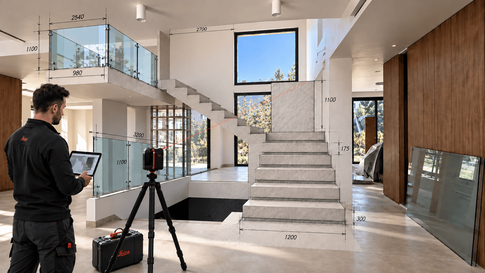 Passage d'un relevé 3D en fil de fer à la structure en verre finie